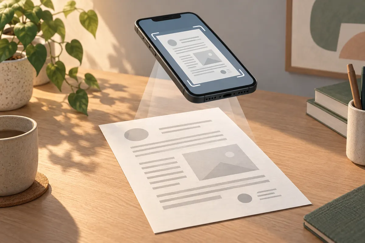 Ilustracja telefonu skanującego kartkę leżącą płasko na oświetlonym biurku