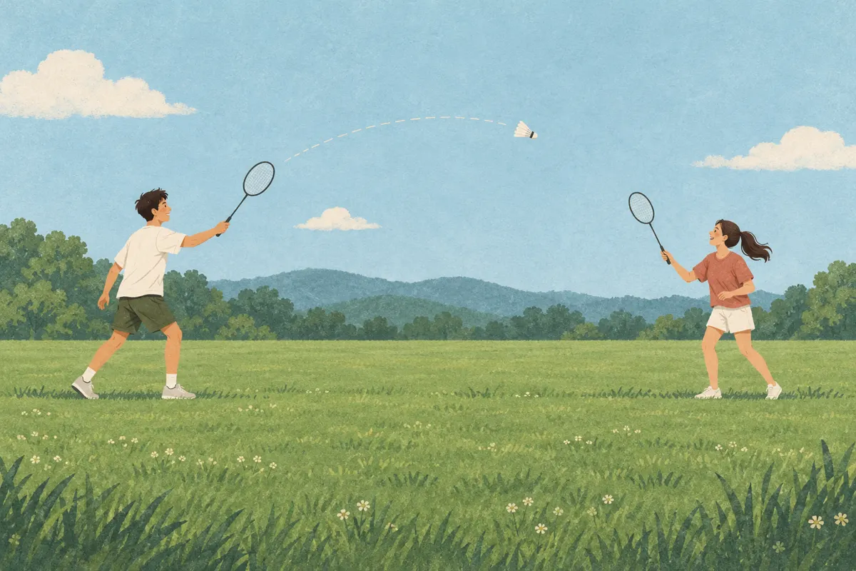Ilustracja dwóch osób ćwiczących spokojną wymianę lotki w badmintonie.